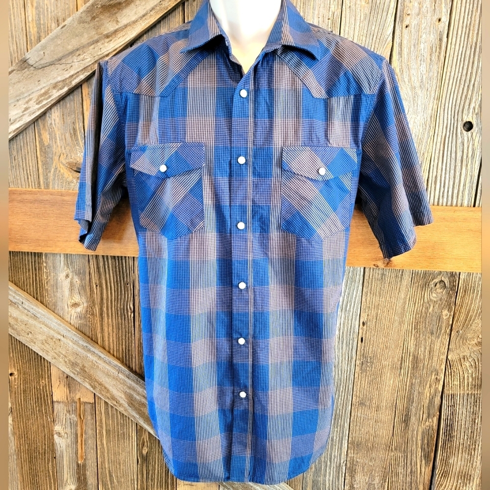 Double Pump Pearl Snap medium Short Sleeve Western rodeo Blue check EUC